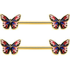 14G 5/8 Gold Tone Pink Blue Red Butterfly Barbell Nipple Ring Set