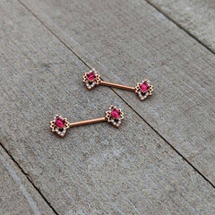 14G 9/16 Red Gem Rosy Tone Octogram Star Barbell Nipple Ring Set