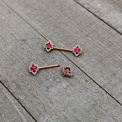 14G 9/16 Red Gem Rosy Tone Octogram Star Barbell Nipple Ring Set