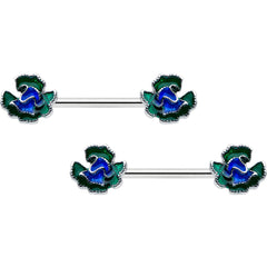 14G 9/16 Spring Flower Blue Green Barbell Nipple Ring Set