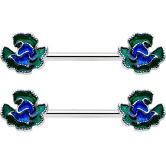 14G 9/16 Spring Flower Blue Green Barbell Nipple Ring Set