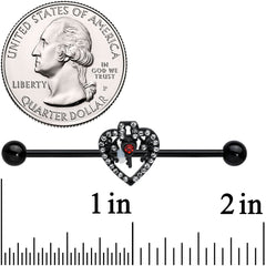 14G Clear Red Gem Black Key Heart Industrial Barbell 38mm