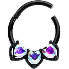 16G 3/8 Aurora Gem Black Rococo Trio Heart Hinged Segment Ring