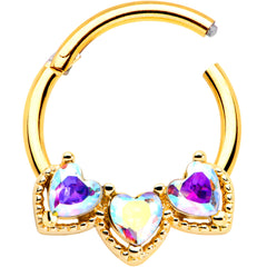 16G 3/8 Aurora Gem Gold Hue Rococo Trio Heart Hinged Segment Ring