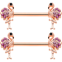 14G 9/16  Pink Gem Rose Gold Hue Fashion Flamingo Nipple Ring Set