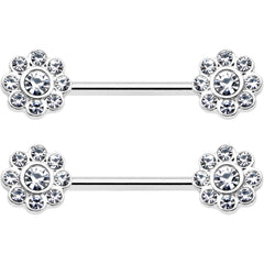 14G 9/16 Clear Gem Whimsy Flower Barbell Nipple Ring Set