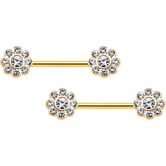 14G 9/16 Clear Gem Gold Tone Whimsy Flower Barbell Nipple Ring Set