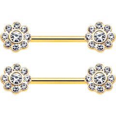 14G 9/16 Clear Gem Gold Tone Whimsy Flower Barbell Nipple Ring Set