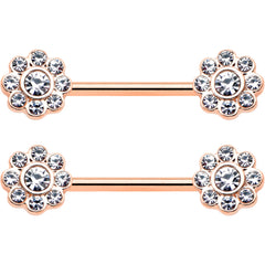 14G 9/16 Clear Gem Rosy Tone Whimsy Flower Barbell Nipple Ring Set