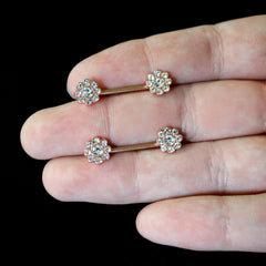 14G 9/16 Clear Gem Rosy Tone Whimsy Flower Barbell Nipple Ring Set
