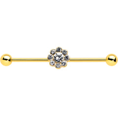 14G Clear Gem Gold Tone Whimsy Flower Industrial Barbell 38mm