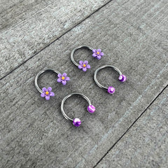 16G 3/8 Purple Ball Flowers Horseshoe Circular Barbell Set of 4