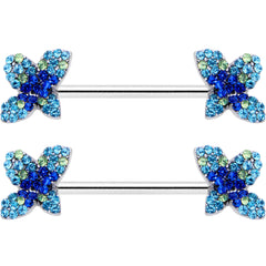 14G 9/16 Blue Gem Glamour Butterfly Barbell Nipple Ring Set
