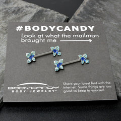 14G 9/16 Blue Gem Glamour Butterfly Barbell Nipple Ring Set