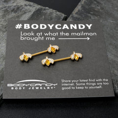 14G 9/16 Yellow Gem Gold Tone Fashion Bug Barbell Nipple Ring Set