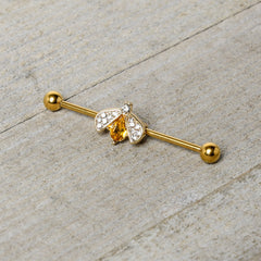 14G Clear Yellow Gem Gold Tone Style Bug Industrial Barbell 38mm