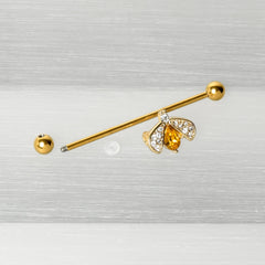 14G Clear Yellow Gem Gold Tone Style Bug Industrial Barbell 38mm