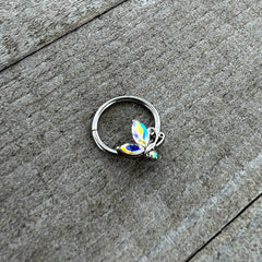 16G 3/8 Aurora CZ Gem Fleur de Lis Butterfly Hinged Segment Ring
