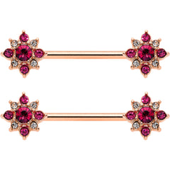 14G Red Gem Rose Gold Tone Rococo Star Barbell Nipple Ring Set