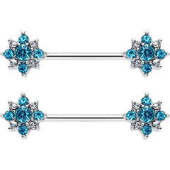 14G 9/16 Clear Blue Gem Opulent Flower Barbell Nipple Ring Set