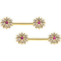 14G 9/16 Clear Pink Gem Gold Tone Starry Flower Nipple Ring Set