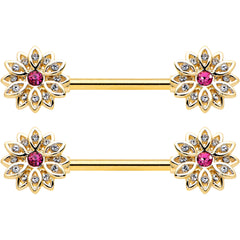 14G 9/16 Clear Pink Gem Gold Tone Starry Flower Nipple Ring Set