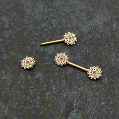 14G 9/16 Clear Pink Gem Gold Tone Starry Flower Nipple Ring Set