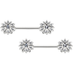14G 9/16 Clear Gem Rococo Starry Flower Barbell Nipple Ring Set