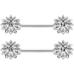 14G 9/16 Clear Gem Rococo Starry Flower Barbell Nipple Ring Set