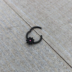 16G 3/8 Pink Gem Black Starry Flower Hinged Segment Ring