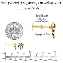 16G 5/16 Clear Gem Gold Tone Palm Tree Style Labret Monroe Tragus