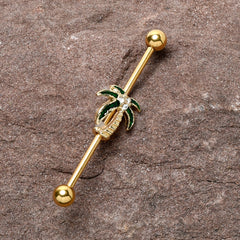 14G Clear Gem Gold Tone Palm Tree Style Industrial Barbell 38mm