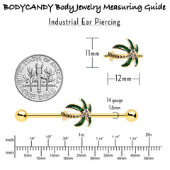 14G Clear Gem Gold Tone Palm Tree Style Industrial Barbell 38mm