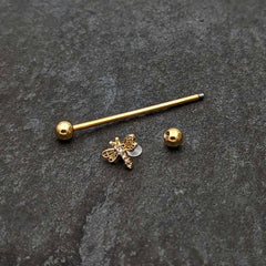 14G Clear Gem Gold Tone Flying Dragonfly Industrial Barbell 38mm