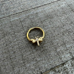 16G 3/8 Clear Gem Gold Tone Flying Dragonfly Hinged Segment Ring