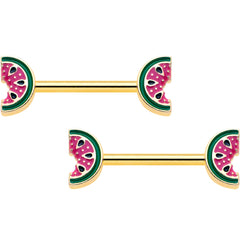 14G 9/16 Gold Tone Watermelon Bite Barbell Nipple Ring Set