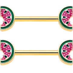 14G 9/16 Gold Tone Watermelon Bite Barbell Nipple Ring Set