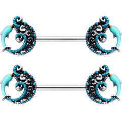14G 9/16 Leaping Blue Dolphin Barbell Nipple Ring Set