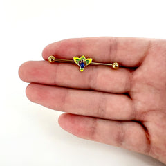 14G Blue Purple Gem Gold Tone Tropic Fan Industrial Barbell 38mm