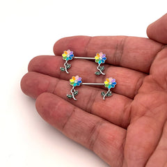 14G 9/16 Clear Gem Pride Rainbow Flower Dangle Nipple Ring Set