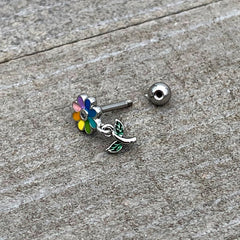 16G 1/4 Clear Gem Pride Rainbow Flower Dangle Cartilage Tragus