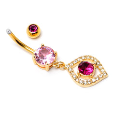 Clear Pink Gem Gold Tone Open Eye Dangle Belly Ring