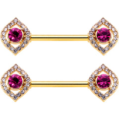 14G 9/16 Clear Pink Gem Gold Tone Open Eye Barbell Nipple Ring Set