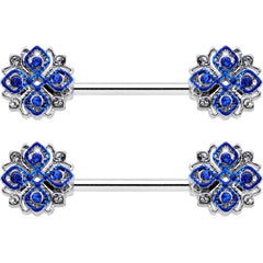 14G 9/16 Clear Blue Gem Embellished Cross Barbell Nipple Ring Set