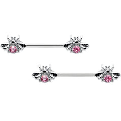 14G 9/16 Pink Gem Bee Beautiful Insect Barbell Nipple Ring Set