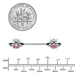 14G 9/16 Pink Gem Bee Beautiful Insect Barbell Nipple Ring Set