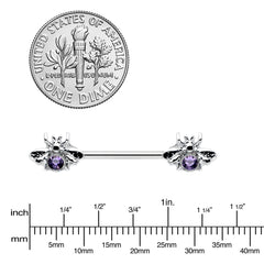 14G 9/16 Purple Gem Bee Beautiful Insect Barbell Nipple Ring Set