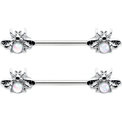 14G 9/16 White Faux Opal Bee Beauty Insect Barbell Nipple Ring Set