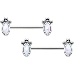 14G 9/16 White Faux Opal Deco Ovals Barbell Nipple Ring Set