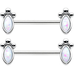 14G 9/16 White Faux Opal Deco Ovals Barbell Nipple Ring Set